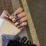 Lianfudai 24P Fashion Fake Nails With Design Leopard Full Cover False Nails Tips Black Brown Stiletto Press On French Artificial Nail Glue