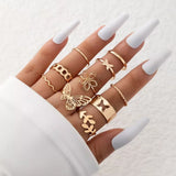 Lianfudai New Tide Individuality Retro Geometric Hollowing Inlay Gem Rings SetLiquid State Metal Four-Piece Rings Set Paty Jewelry