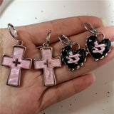 Lianfudai Goth Harajuku Vintage Aesthetic Pink Cross Crystal Star Heart Pendant Earring For Girl Y2K Grunge 2000s EMO Jewelry Accessories