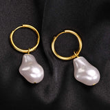 Lianfudai Pearl Earrings, Simulated Pearl Huggie Hoop Earrings, Chunky Irregular Statement Pearl Earrings for Men Women