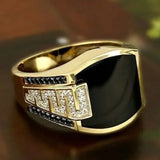 Lianfudai Classic Men's Ring Fashion Metal Gold Color Inlaid Black Stone Zircon Punk Rings for Men Engagement Wedding Luxury Jewelry