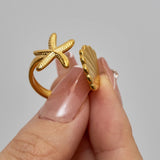 Lianfudai Bohemia Summer Beach Starfish Shell Open Ring Creative Casual Stainless Steel Irregular Adjustable Waterproof Vacation Jewelry
