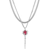 Lianfudai Double Layer Red Zircon Rose Pendant Necklace Y2K Layered Flower Stone Chain Necklaces Irregular Floral Aesthetic Egirl Necklace