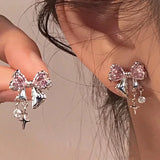 Lianfudai Y2K Bowknot Zircon Stud Earrings for Women Fashion Korean Silver Color Pink Crystal Personality Earring Girl Party Jewelry Gifts