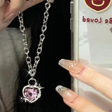 Lianfudai Pink Crystal Egirl Sweet Cool Clavicle Chain Necklace  Y2K Accessories Fashion Peach Heart Water Drop Pendant Aesthetic Jewelry