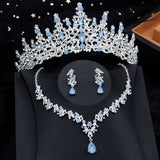 Lianfudai Luxury Silver Color Opal Water Drop Crown Bridal Jewelry Sets Rhinestone Tiaras and Necklace Earrings Wedding Dress Jewelry Set