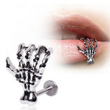 Lianfudai Skull Devil Hand Lip Piercing Jewelry Skeleton Labret for Women Men Palm Stud Earrings Christmas Gift Hot Unique Punk Metal 1pc