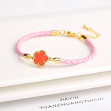 Lianfudai Classic Genuine Leather Woven Natural Stone Five Leaf Flower Charm Bracelet Fashion for Women Girls Party Wedding Jewelry Gift