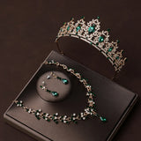 Lianfudai Bridal Headwear Crown Necklace Earrings Four Piece Set of Green Colour Women's Exquisite Party Tiaras