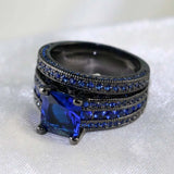 Lianfudai Fashion Black Gold Color Women Rings Set Elegant Blue Cubic Zircon Rhinestone Rings For Women Wedding Band Anniversary Jewelry