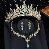 Lianfudai Luxury Silver Color Opal Water Drop Crown Bridal Jewelry Sets Rhinestone Tiaras and Necklace Earrings Wedding Dress Jewelry Set