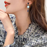 Lianfudai  Korean Light Luxury Blue Retro Crystal Eardrop Exquisite Simple Silver Color Earrings For Woman  Jewelry Accessories