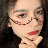 Lianfudai Y2K Half Frames Glasses Women Vintage Metal Oval No Lens Optical Spectacles Anti-blue Cosplay Harajuku Photography Eyewear