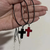 Lianfudai Gothic Vintage Red Glass Cross Pendant Black Bead Rope Chain Necklace For Women Men Y2K Aesthetic EMO Grunge Jewelry Accessories