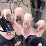 Lianfudai 24pcs Short Square Round Black False Nails Champagne Crystal Fake Nails Design Art Full Coverage Waterproof Wearable Press Nail