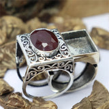 Lianfudai Vintage Silver Color Round Men Rings Set Fashion Red Stones Party Bridal Ring Jewelry