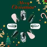 Lianfudai 24Pcs Short Press on Nail Christmas Tree Snowflake French Glitter Fake Nails Dark Green Wearable Nail for Women&Girl Nail Art