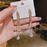 Lianfudai New Gold Color Simple Fashion Zircon Pendant Eardrop Design Long Tassels Delicate Earrings For Woman Wedding Jewelry Gifts