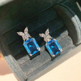 Lianfudai Exquisite Flower Square Blue Cubic Zircon Drop Earring for Women Novel Charms Piercing Accessories Wedding Party Jewelry