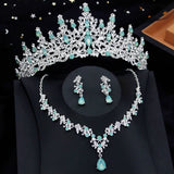 Lianfudai Luxury Silver Color Opal Water Drop Crown Bridal Jewelry Sets Rhinestone Tiaras and Necklace Earrings Wedding Dress Jewelry Set