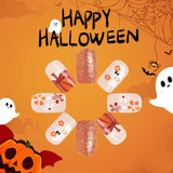 Lianfudai 24pcs Cute Ghost&Pumpkin Halloween Press-On Nails-Glossy Short Square Fake Nails with Festive Designs False Nail for Women/Girls