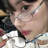 Lianfudai Women's Punk Retro Silver Anti Blue Light Eyewear Rhinestone Stainless Steel Oval Frame Glasses Girl Reading Seaside Spectacles