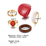 Lianfudai 5Pcs/set Vintage Red Rings for Woman Creative Geometric Ring Enamel Resin Ring Wedding Jewelry Fashion Female Accessories 2024