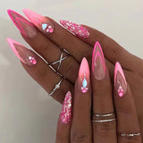 Lianfudai 24Pcs Almond False Nails with Glitter Powder Pink French Fake Nails Rhinestones Design Press on Nails Wearable Stiletto Nails