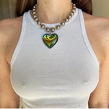 Lianfudai Grunge Fashion Glass Heart Pendant Necklace Y2K Ball Beads Chain Statement Choker Necklace for Women Club Punk Jewelry