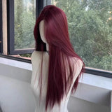 Lianfudai Red Wig Long Straight Lace Front Wig for Woman Nature Synthetic Lace Wigs for Cosplay Daily Use Heat Resistant headband wigs