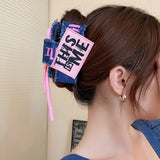 Lianfudai Oversize Y2k Denim Letter Bowknot  Plastic Ponytail Hair Clip Claw For Women Trendy Shark  Hairpin Hair Accessories Tool 2024