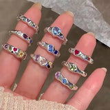 Lianfudai Kpop Colorful Zircon Star Rings for Women Irregular Metal Ring Retro Index Finger Aesthetic Jewelry Hip Hop Girls Accessories