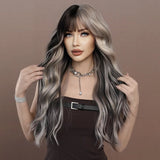 Lianfudai WIGS Long Body Wavy Silver Ash Hair Wig with Bangs for Women Daily Party High Density Hair Ombre Wigs Heat Resistant Fiber