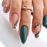 Lianfudai 24Pcs French Fake Nail With Green Leaf Print Design Long Stiletto False Nails Wearabe Almond Press on Nails Full Cover Nail Tips