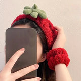 Lianfudai Red Fleece Hairbands Cute Strawberry Leaves Hair Hoops Wrist Strap Girls Lovely Headbands Christmas Ornament Hair Accessories