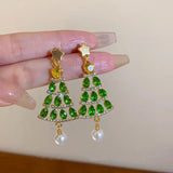 Lianfudai Sparkling Zircon Christmas Tree Stud Earrings for Women Shiny Green Rhinestone Tree Pendant Earring Xmas New Year Party Jewelry