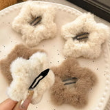 Lianfudai 1/4pcs Y2K Girls Sweet Fluffy Star Hairpins Children Kids Faux Fur Bobby Pin Solid Color Pentagram Hair Clip Cute Side Hair Grip