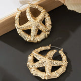 Lianfudai Big Large Bamboo Circle Hoop Earring for Women Gold Color Starfish Statement Brincos Boho Jewelry Party Gift