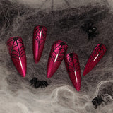 Lianfudai 24Pcs Halloween False Nails Glitter Red Fake Nail with Spider Web Design Long Almond Press on Nails Wearable Full Cover Nail Tip