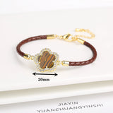 Lianfudai Classic Genuine Leather Woven Natural Stone Five Leaf Flower Charm Bracelet Fashion for Women Girls Party Wedding Jewelry Gift