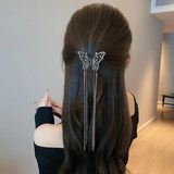 Lianfudai 2024 New Female Butterfly Pearl Tassel Hair Claw Rhinestone Clip Korean Simple Shark Ponytail Crab Clip Girls Hair Accessories
