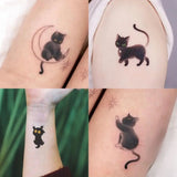 Lianfudai Cute Black Cat Temporary Tattoos for Woman Man Arm Art Cartoon Fake Tattoo Waterproof Anime Yellow Moon Sleeping Kitten Sticker