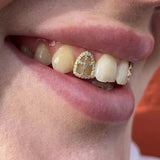 Lianfudai Hip Hop Cross Single Teeth Grillz 14K Gold Plated Shiny Zircon Tooth Caps Decor Dental Grills For Women Men Body Jewelry