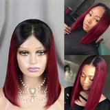 Lianfudai 1B/Burgundy Straight Bob Wig Ombre Red With Dark Roots 1B/99J Wig Free Part Straight Short Bob Wig Colored Wigs (Ombre 99J Wig) 