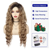 Lianfudai Synthetic Long Wave Cur Wigs Female Natural Brown Wig with Clip Free Part Side Bangs 80s Curly Wigs for Women Ombre Wig