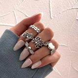 Lianfudai New Tide Individuality Retro Geometric Hollowing Inlay Gem Rings SetLiquid State Metal Four-Piece Rings Set Paty Jewelry