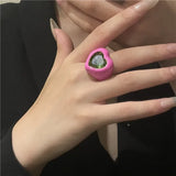 Lianfudai 2024 New Fashion Color Enamel Exaggerated Spray Paint Big Gem Ring Hip Hop Punk Street Trend Heart Ring for Women Girl Jewelry