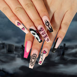 Lianfudai 24Pcs Halloween False Nails Long Ballet Fake Nails with Ghost Cobweb Design Pink French Coffin Full Cover Press on Nail Tips