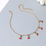 Lianfudai Hot Sell Gold Color Cherry Pendant Neck Chain Zircon Clavicle Necklaces For Women Girl Trendy Punk Jewelry Accessories