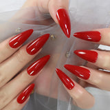 Lianfudai Stiletto Mirror Red Light Gossy Red Color Fingernails Sharp Fake Nails Art Medium Size Press On Nails Wholesale With Tabs